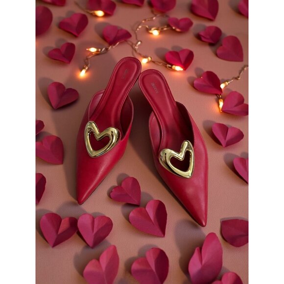 MAEVE Red Leather Gold Heart Mules Heels Size 40 / 10 - Picture 3 of 10
